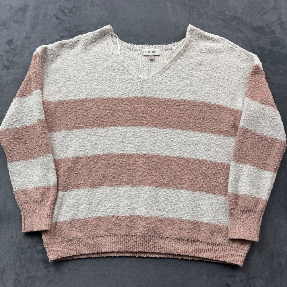 Knox Rose Womens XL Pink Cream Striped Boucle Knit V-Neck Sweater Pullover